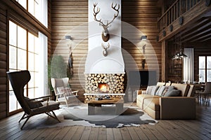 Modern Rustic Cottage Living Room Decor with Chalet Cozy Interior Wood Wall. Generative AI