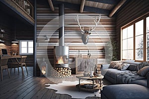 Modern Rustic Cottage Living Room Decor with Chalet Cozy Interior, Wood Wall, and Furniture. Generative AI