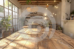 Modern Rustic Dining Room with Natural Wood Table, Hanging Edison Lamps, and Greenery in a Sunlit Space with Large Windows