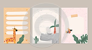 Modern safari animals cards set, birthday background with dog, cat and mouse, minimal scandinavian design