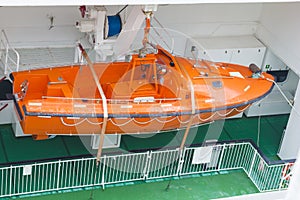 Modern safety lifeboat carried by a cruise ship