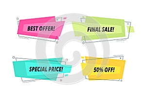 Modern sale tags set. Price label text shape bubble wholesale purchase banner promotional ribbon colorful shopping