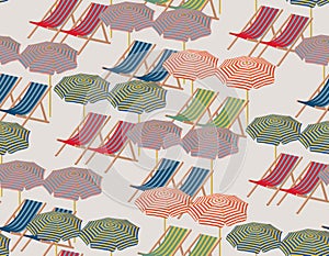 Modern sand beach with white sun umbrellas and colorful Sun desk Capri Italy inspired . Minimal summer pattern