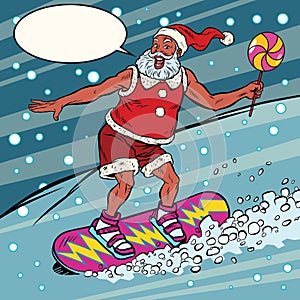 Modern Santa Claus rides on a snowboard