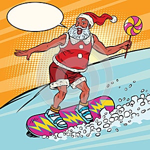 Modern Santa Claus rides on a snowboard