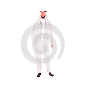 Modern saudi businessman in fashionable suit and shemagh. Arab man wearing trendy outfit. Portrait of male character in