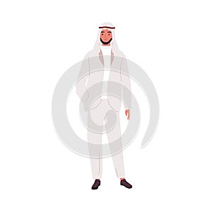 Modern saudi businessman in fashionable suit and shemagh. Arab man wearing trendy outfit. Portrait of male character in photo