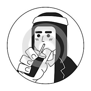 Modern saudi guy drinking through straw black and white 2D vector avatar illustration