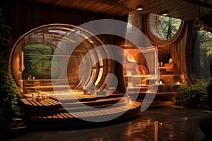 Modern sauna interior, wooden steam room with green plants and candles. Luxury spa in hotel or home, wood bathroom for hot