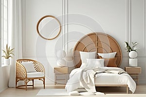 Modern Scandi home design with boho decoration. Bed with pillows, rattan wooden furniture. Light minimalist interior design.