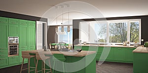 Modern scandinavia kitchen with big windows, panorama classic gr