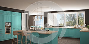 Modern scandinavia kitchen with big windows, panorama classic gr