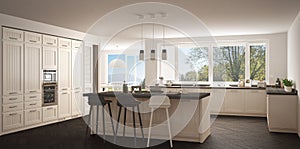 Modern scandinavia kitchen with big windows, panorama classic white and gray interior design