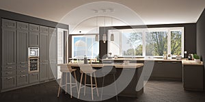 Modern scandinavia kitchen with big windows, panorama classic white and gray interior design