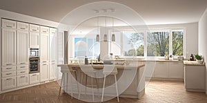 Modern scandinavia kitchen with big windows, panorama classic white interior design