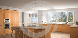 Modern scandinavia kitchen with big windows, panorama classic white and orange interior design