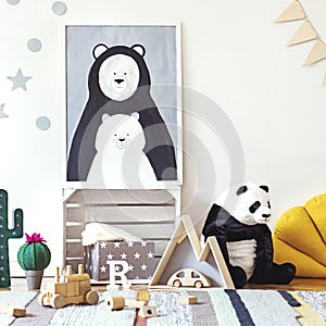 The modern scandinavian baby room with mock up photo frame, wooden decoration, plush toys and bears. Template.