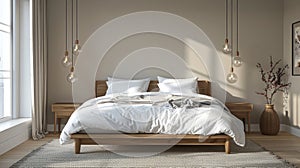 modern scandinavian bedroom, a scandinavian-style bedroom highlighted by a minimalist platform bed, clean white linens