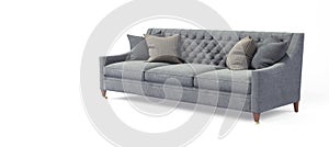 Modern scandinavian classic gray sofa with legs with pillows on isolated white background. Furniture, interior object