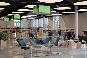 Modern scandinavian design airport passengers waiting lounge interior with a green screen mockup tv screens