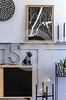 Modern scandinavian home interior with mock up poster frame, design wooden commode, cacti, plants, decoration, shelf, candlestick.