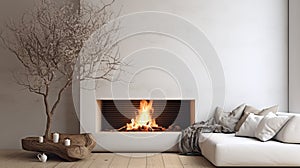 Modern scandinavian home interior white corner sofa near fireplace in cozy living room design