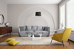 Modern scandinavian living room with grey sofa