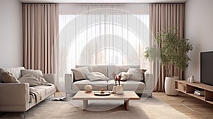 Modern scandinavian living room interior Living Room, Curtain, Indoors, Home Interior. generative ai