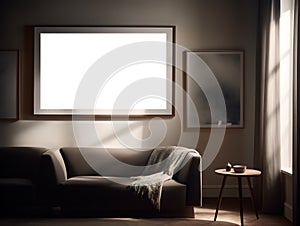 Modern scandinavian living room interior with mockup poster frame. Template. Stylish home decor.