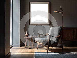 Modern scandinavian living room interior with mockup poster frame. Template. Stylish home decor.