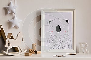 The modern scandinavian newborn baby room with mock up frame, plush toys, children accessories, clouds and hanging garland.