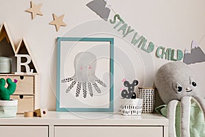 The modern scandinavian newborn baby room with mock up frame, wooden car, plush toys, children accessories. Template.