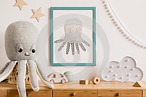 The modern scandinavian newborn baby room with mock up frame, wooden toy, plush toys, decor, children accessories.