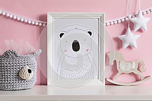 The modern scandinavian newborn baby room with mock up frame, wooden toy, plush toys, decor, children accessories.