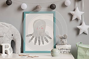 The modern scandinavian newborn baby room with mock up frame, wooden toy, plush toys, decor, children accessories.