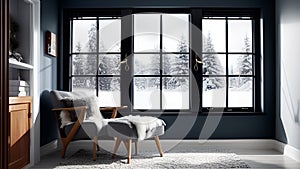 Modern scandinavian room with panorama windows. Winter nordic style interior design.