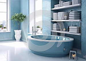 Modern scandinavian style bathroom interior with shelves and bathtub with blue marine tones.Macro.AI Generative