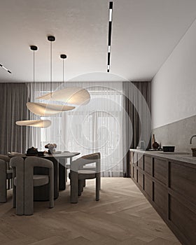 Modern scandinavian style dark brown kitchen interior design. Decoration with gray pastel counter, wooden cabinet and