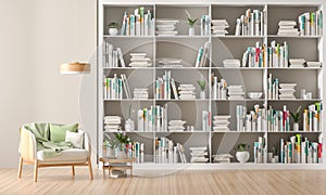 Modern, Scandinavian style interior with book shelf full of books. Minimalist interior design. 3D illustration