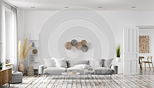 Modern scandinavian style interior of living room with gray sofa, white wall with door, home design 3d rendering