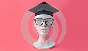 Modern Scholar Concept: Abstract Clay Head with Graduation Cap on Pink