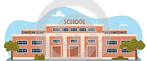 Modern School Building Exterior. Welcome Back To School. Educational architecture, facade of high school building with large