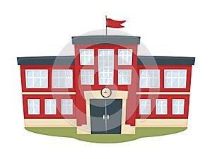 Modern school building in red color. A city landscape with a house facade. Front view of learning building. Isolated vector