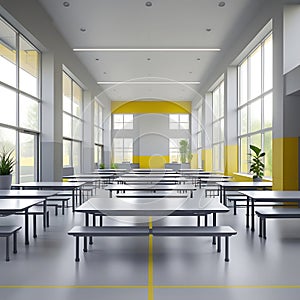 Modern School Cafeteria with Rows of Tables and Benches dining hall