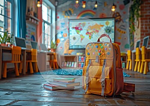 Modern school classroom with a brightly colored backpack of a schoolboy
