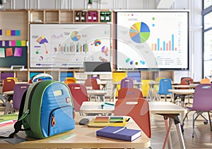 Modern school classroom with a brightly colored backpack of a schoolboy