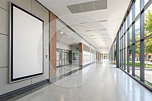 Modern school corridor interior with empty poster on wall