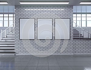 Modern school corridor interior with empty poster on wall. Mock up, 3D Rendering illustration