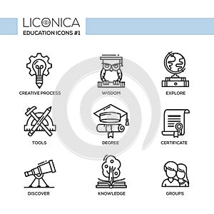 Un formazione scolastica magro linea progetto icone pittogrammi 