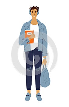 Modern schoolboy in casual clothes and headphones, student with books and a backpack. Standing male character in jeans